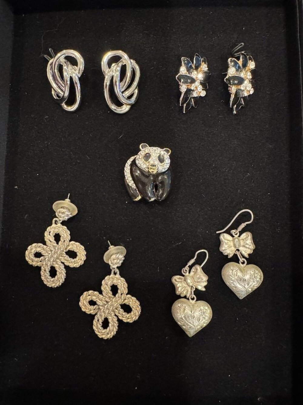 Set of 4 Silver Pierced Ear Rings Plus Adorable Panda Pin
